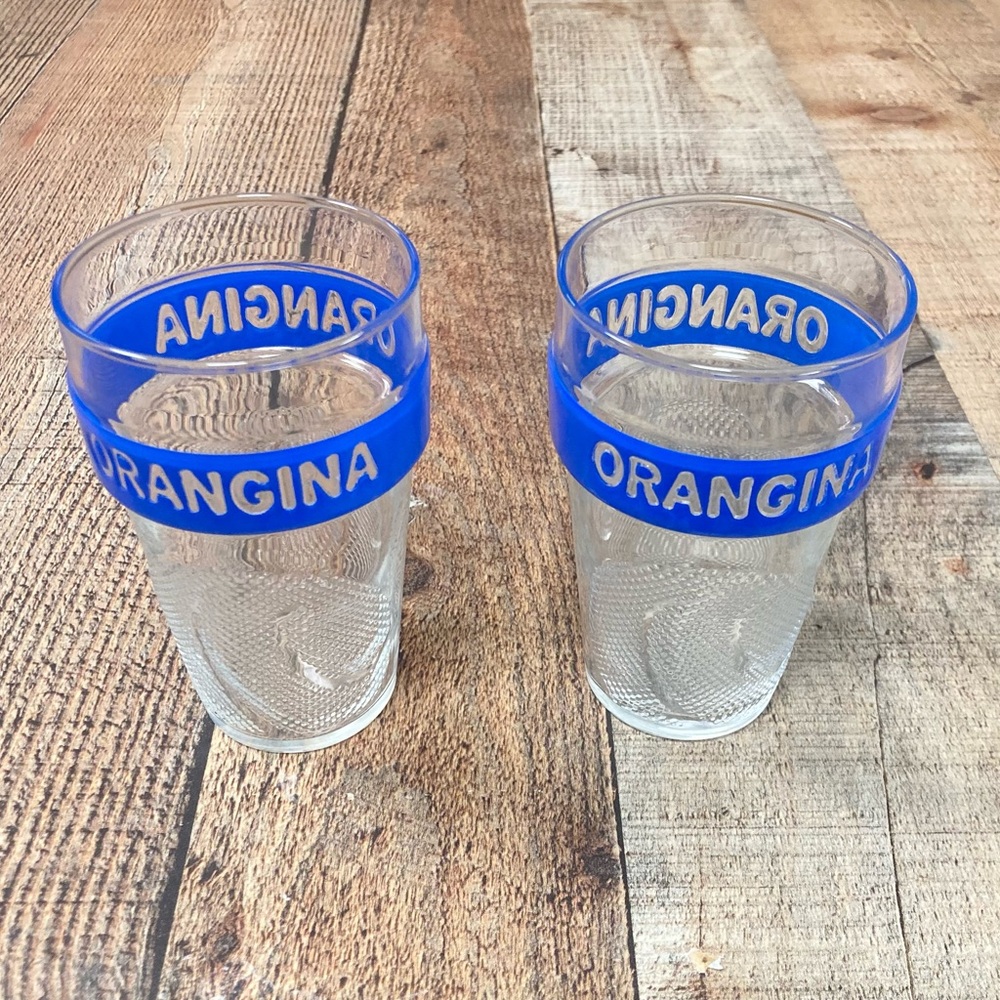 Vintage Orangina Textured Glass Tumblers Blue Band Set of 2 - Picture 3 of 5